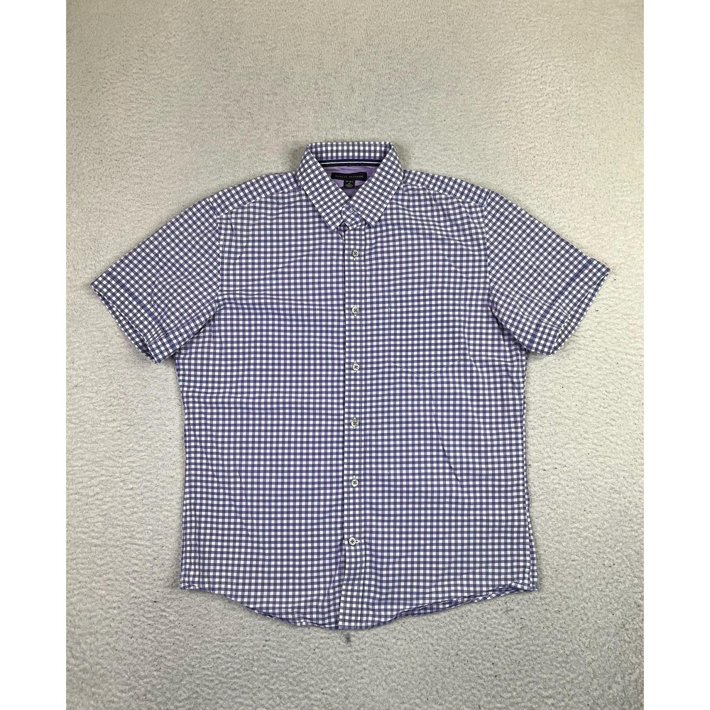 Banana Republic Shirt Mens Medium Purple White Gingham Short Sleeve Cotton